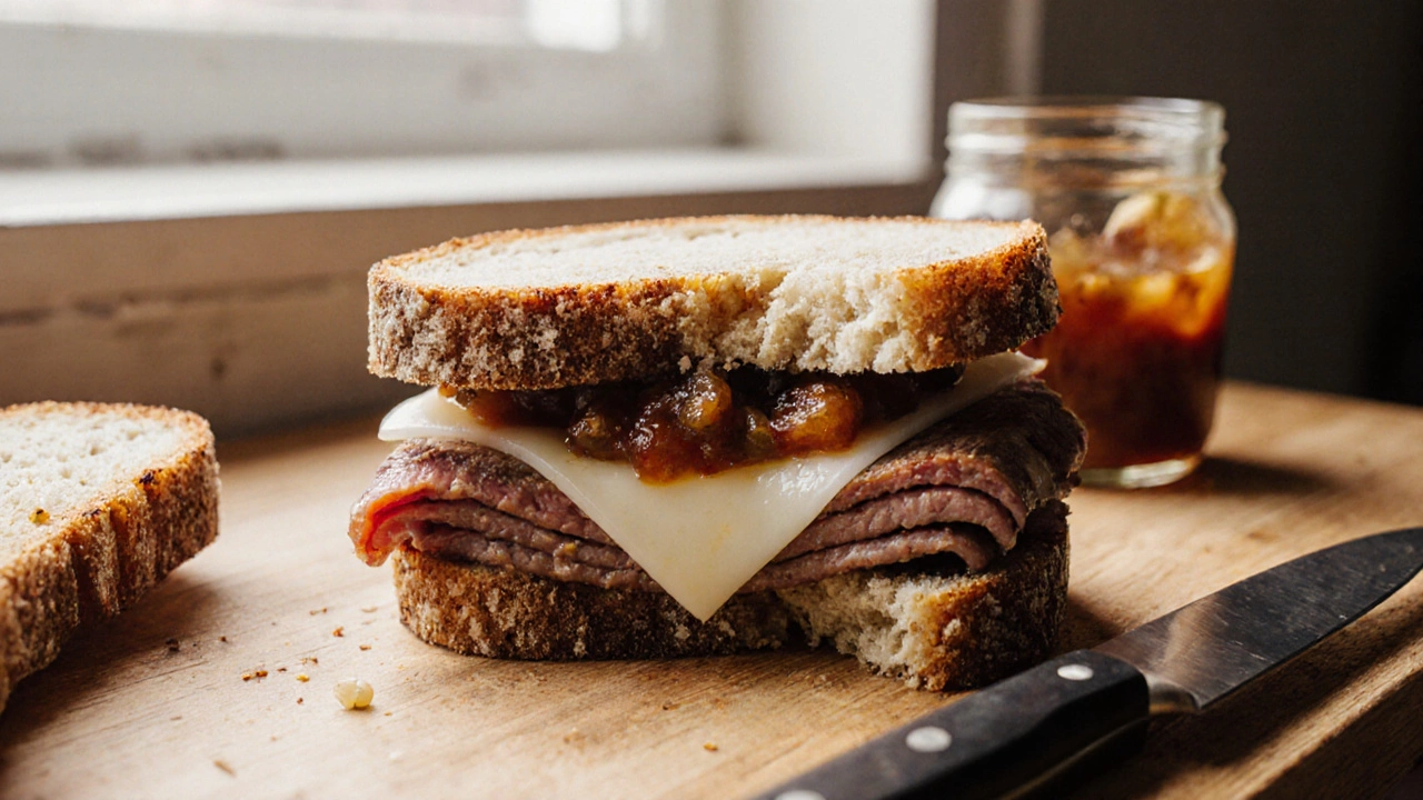 Roast beef and Swiss cheese sandwich with apple chutney on sourdough bread