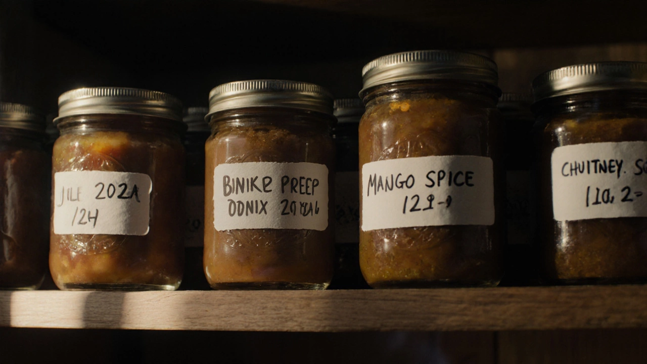 Shelf of labeled chutney jars in a dim pantry, some with perfect seals and one showing a bulging lid.