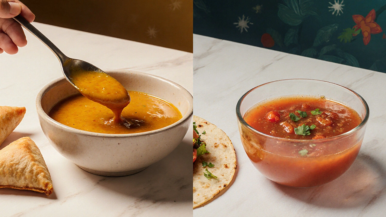 Side-by-side comparison of thick mango chutney and watery tomato salsa with samosas and tacos.