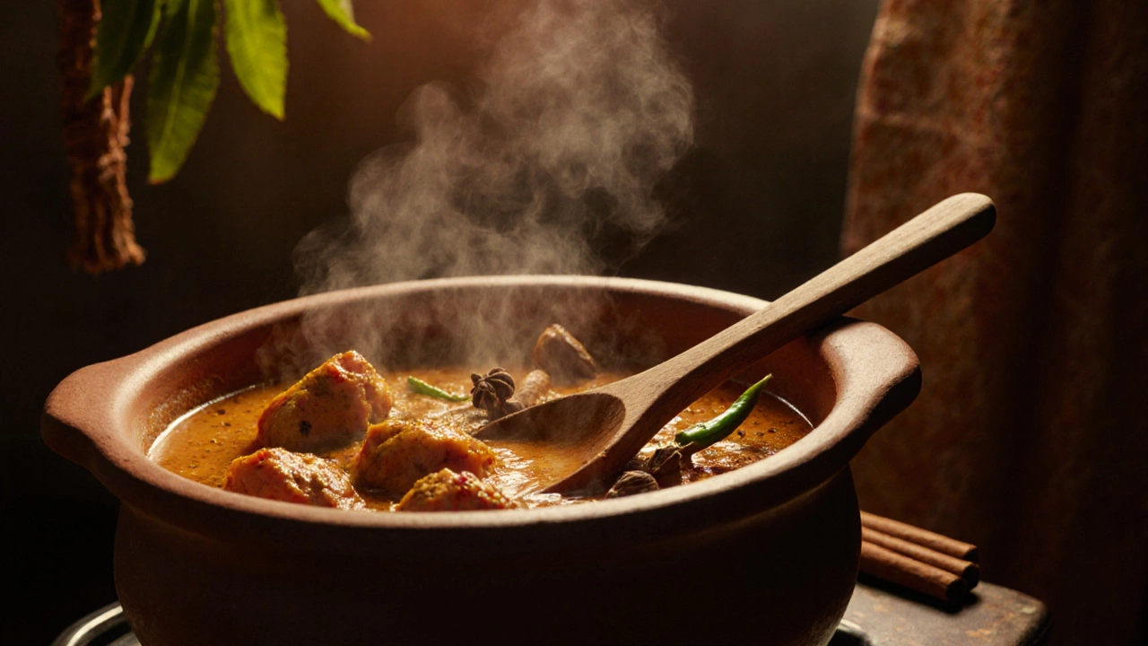 Simmering chicken curry in clay pot with whole spices visible and steam rising