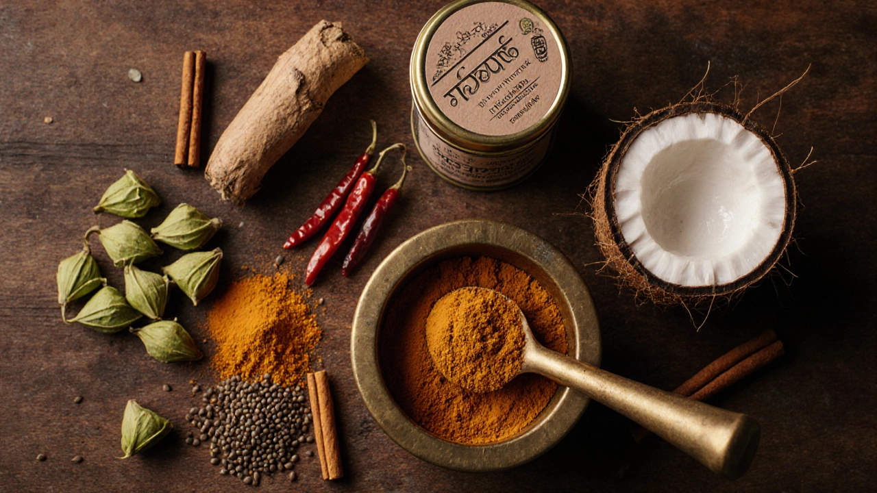 Spices arranged on wood: cardamom, cinnamon, chilies, turmeric, and ground coriander