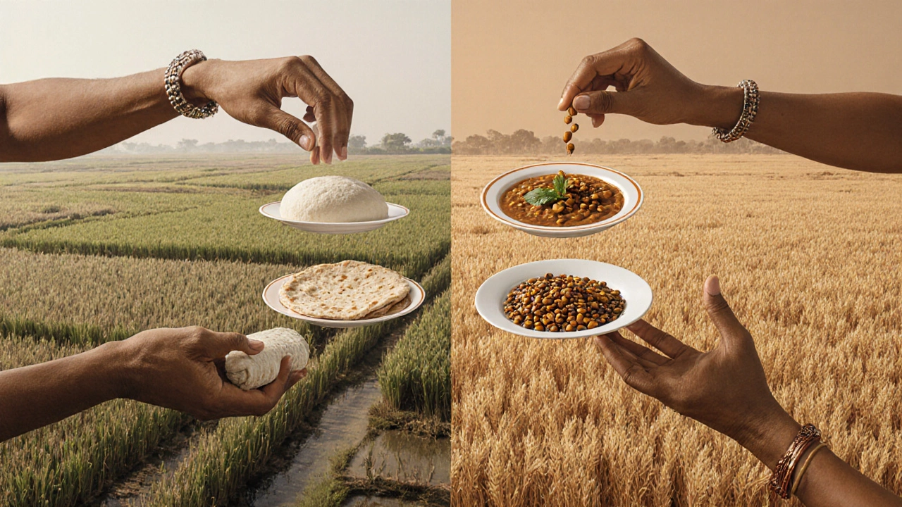 Symbolic split image showing rice and wheat regions connected by daily Indian meals of dal, roti, and dosa.
