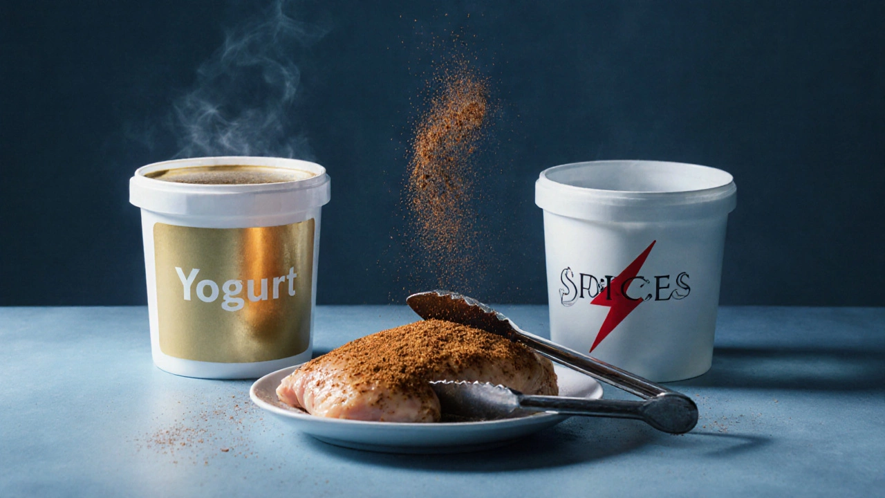 Three containers showing yogurt, fresh spices, and water with a red slash on water.