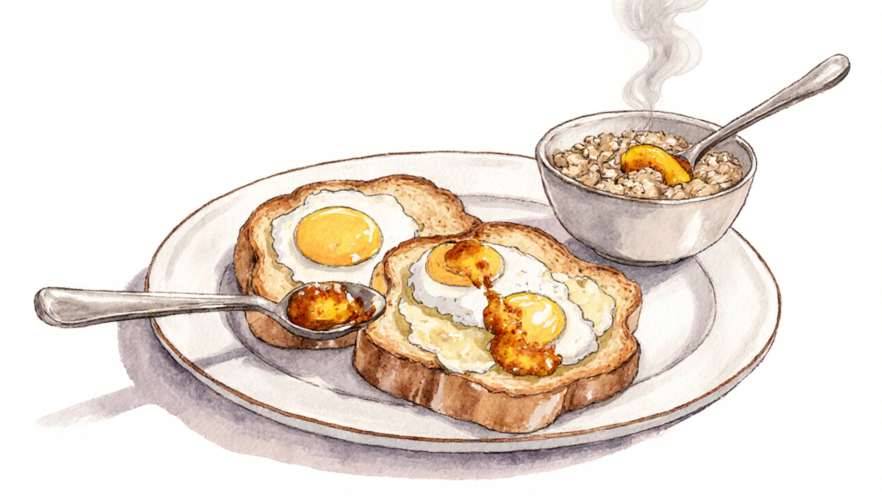 Toast with scrambled eggs and mango chutney beside spiced oatmeal