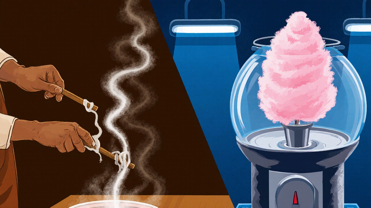 Traditional hand-spun phool jhadi contrasted with a machine-made cotton candy spinner.