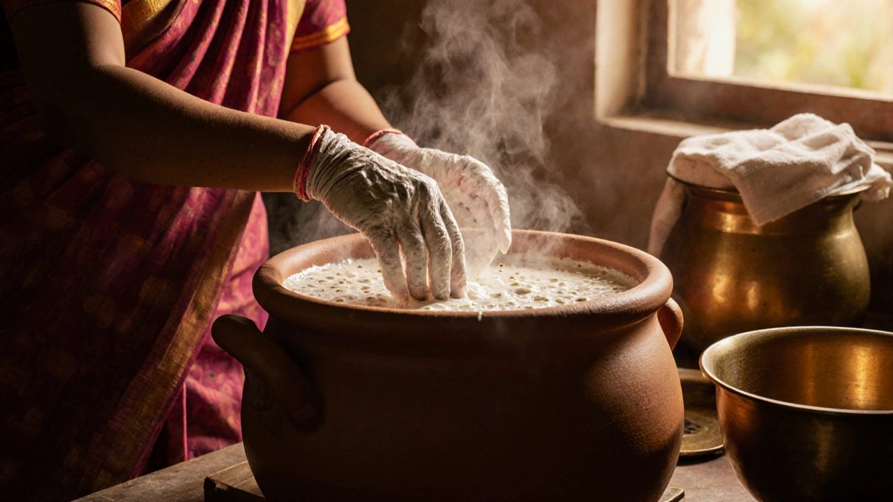 Woman folding fermented dosa batter in a clay pot with visible bubbles