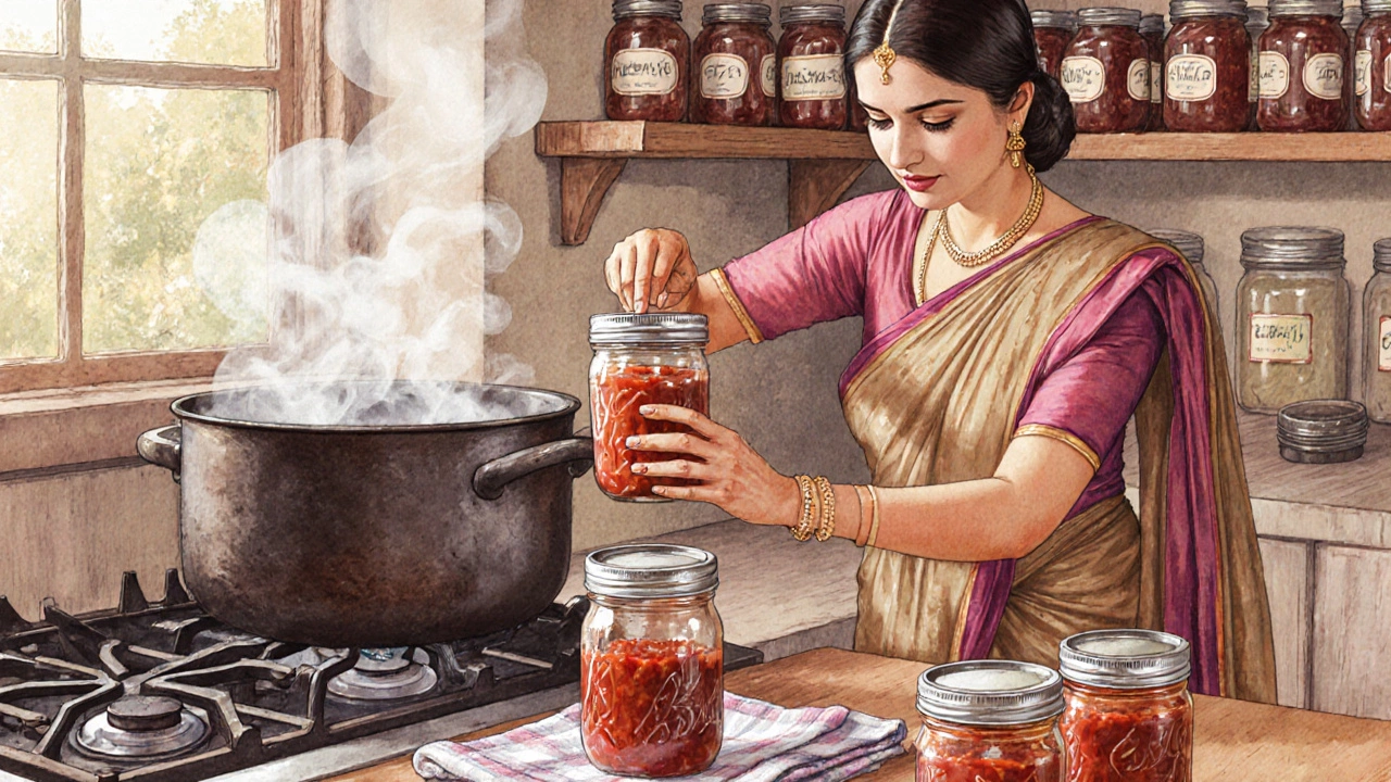 Woman sealing homemade chutney jars using water bath canning in a sunny kitchen.