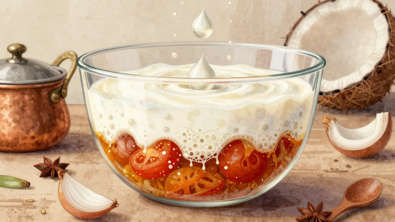 An artistic watercolor depiction of the three scientific layers that create creamy curry texture.