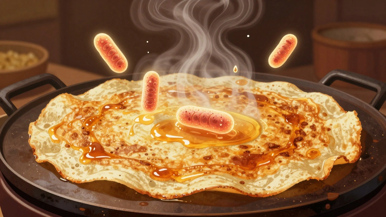 Crispy golden dosa on a griddle with glowing probiotic bacteria floating in the steam above it.