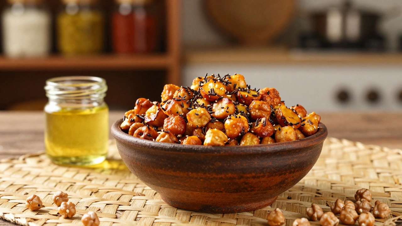 Crispy roasted chickpeas in a ceramic bowl with spices and sesame oil