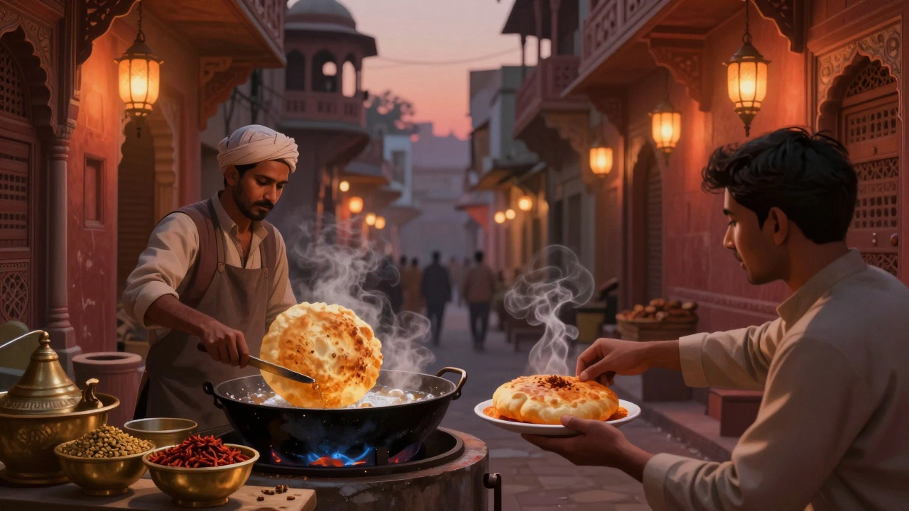 Delhi vendor frying bhature in Chandni Chowk with steaming chole bhature on plate