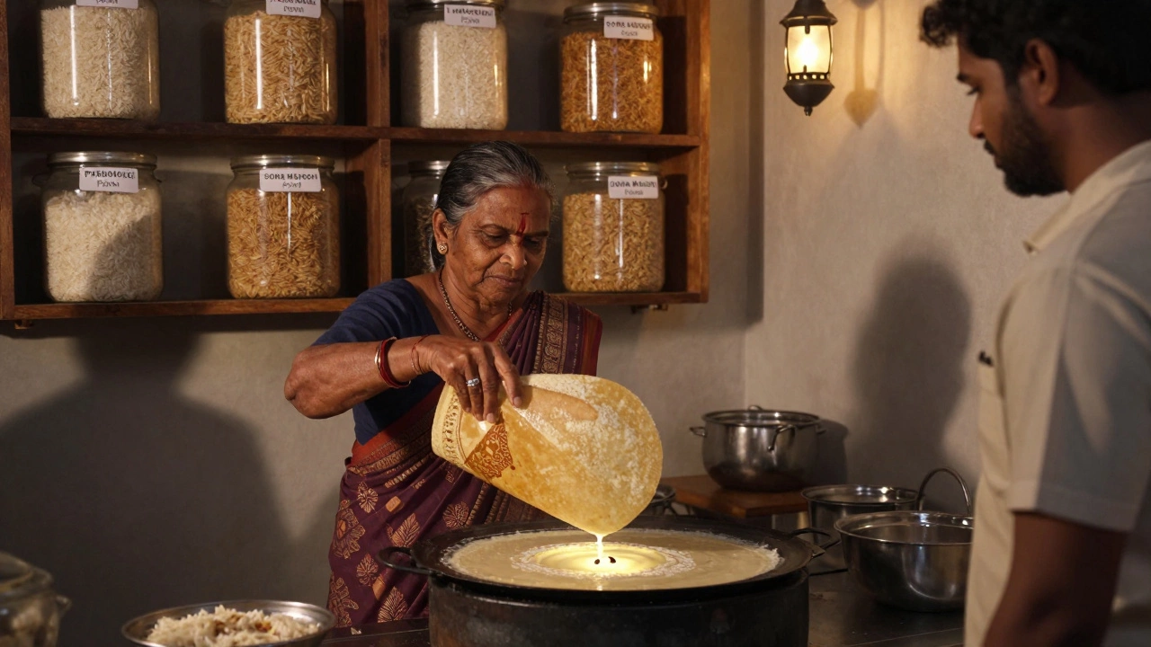 Elderly woman making dosa in traditional kitchen, shelves of rice varieties in background.