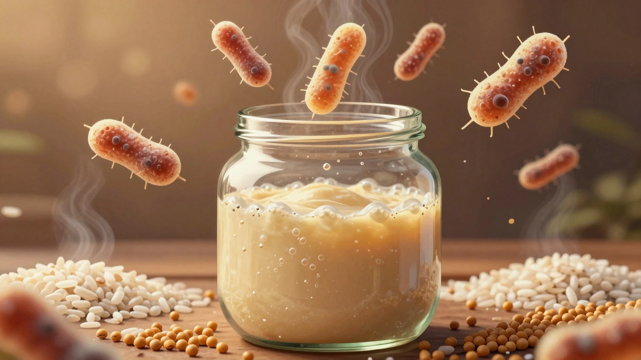 Fermenting dosa batter with microscopic bacteria floating above, rice and dal layers visible inside jar.