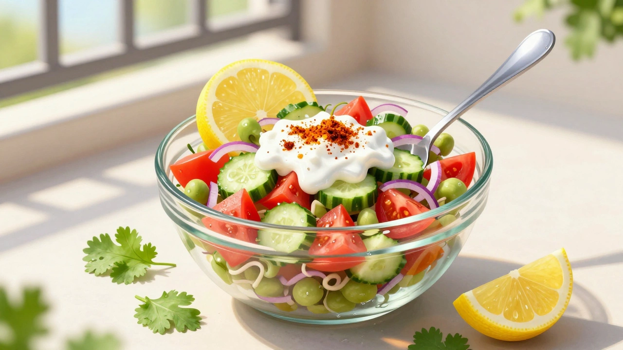 Fresh sprouted moong salad with vegetables and yogurt in a glass bowl
