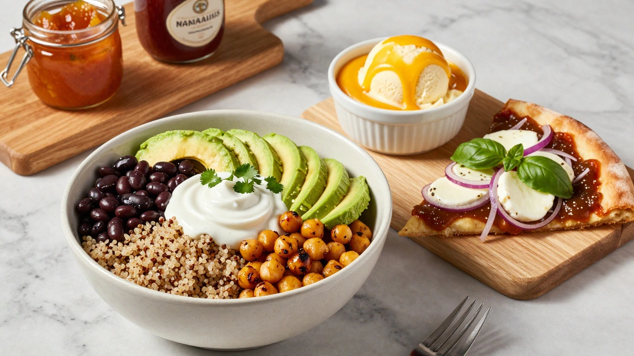 Grain bowl with coconut chutney and mango chutney on ice cream