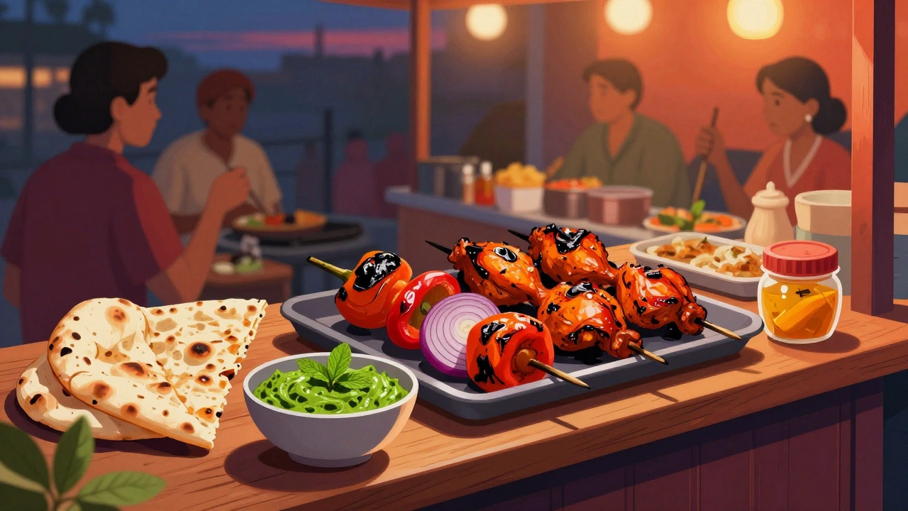 Grilled vegetables and tandoori chicken at a street stall with mint chutney and pickle.