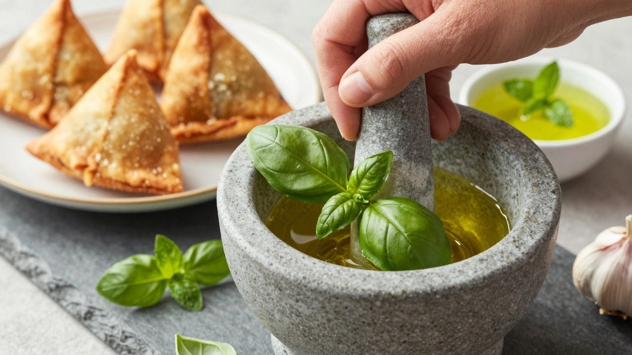 Hand blending basil, garlic, and lemon to make a mint chutney substitute with samosas in the background.