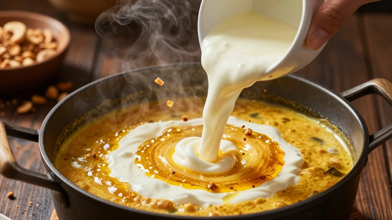 Hand pouring tempered yogurt into a simmering curry as golden light reveals shimmering fat and protein bonds.