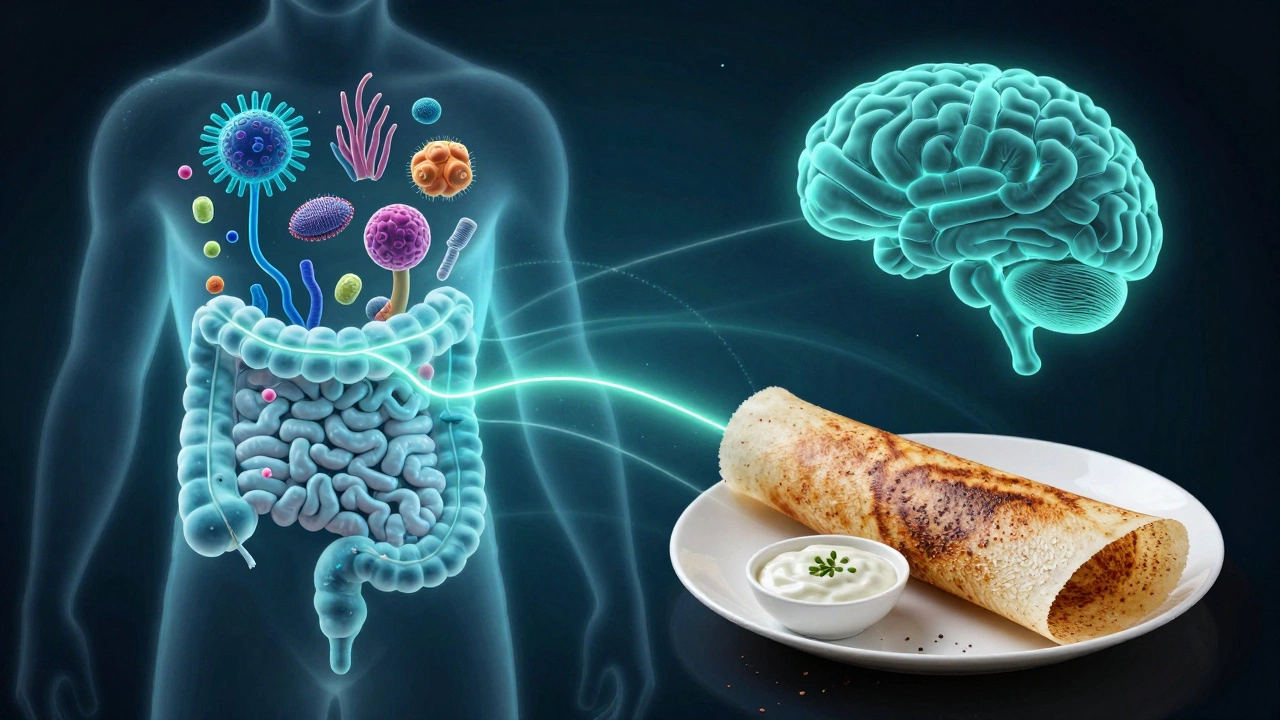 Human gut filled with beneficial microbes, connected visually to a plate of dosa and chutney.