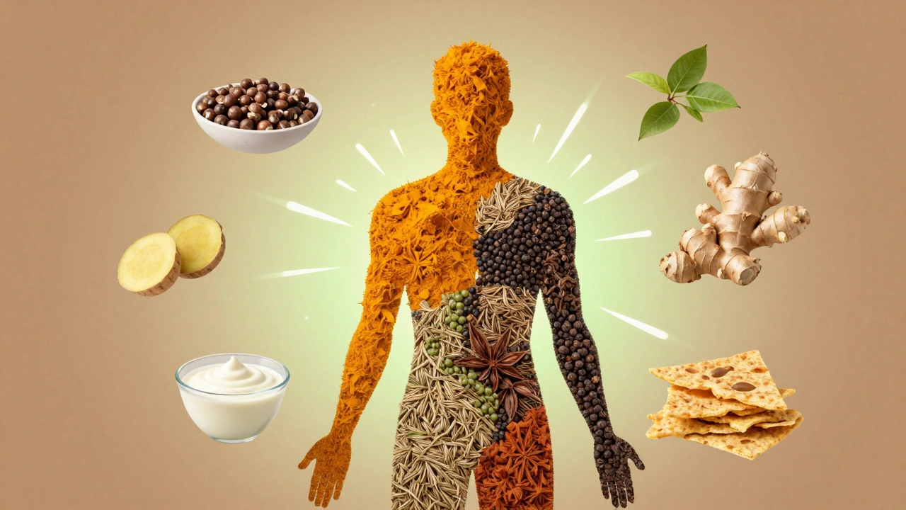 Human silhouette filled with Indian spices and healthy snacks, symbolizing metabolism and nutrition in earthy tones.