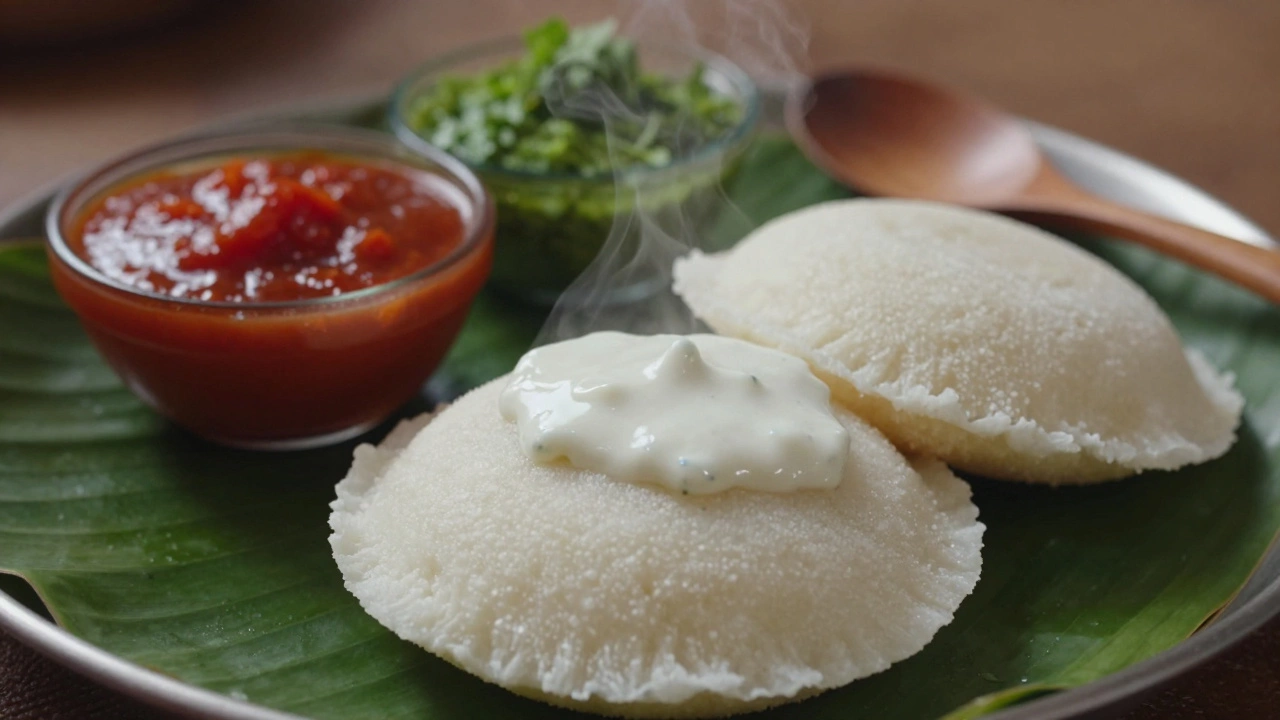 Idlis with coconut and tomato chutney on a banana leaf, steam rising gently.
