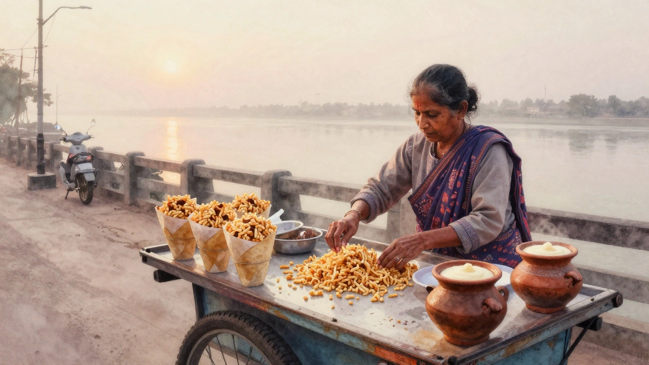 Kolkata street cart with phuchka and jhal muri at sunrise, mishti doi in earthen pots