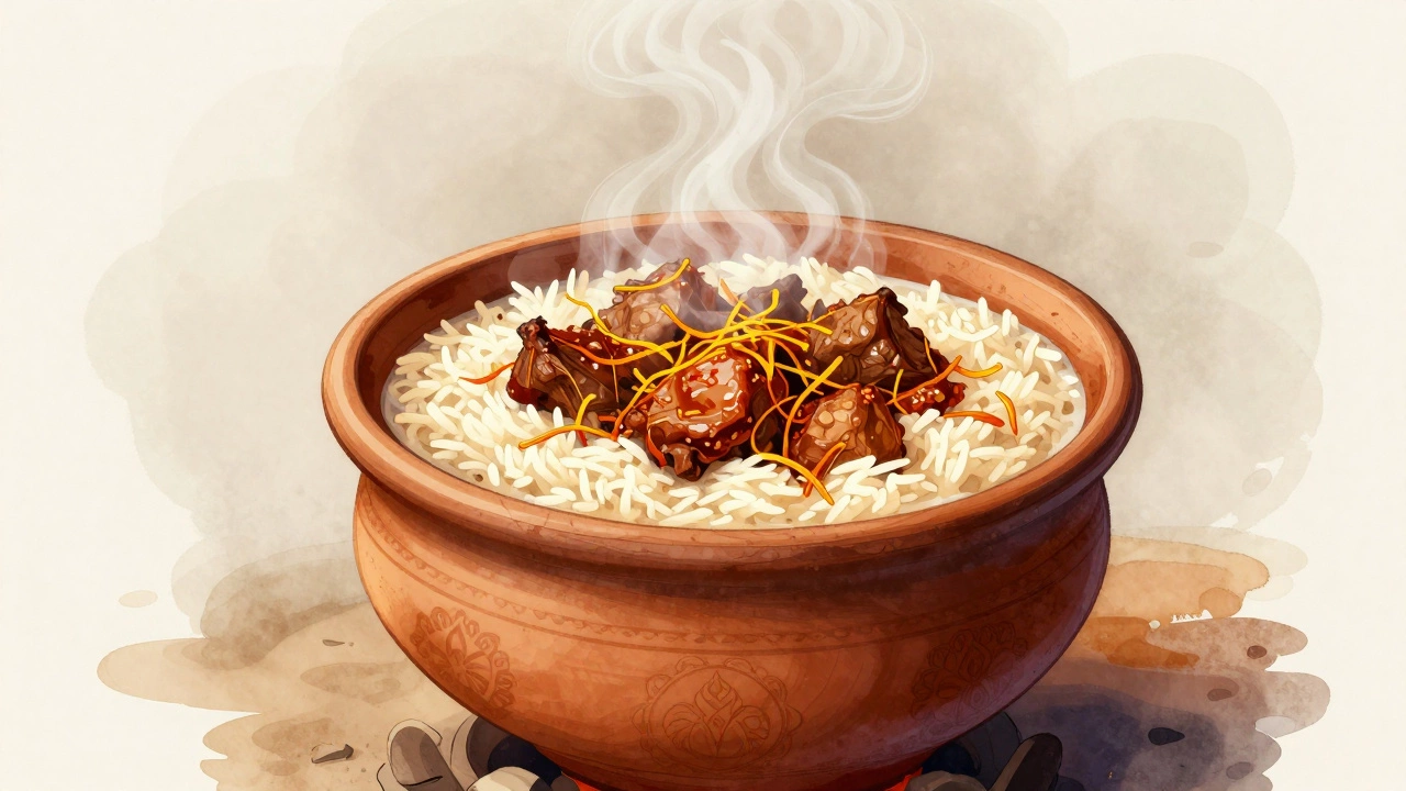 Layered biryani in a clay pot with steam rising and saffron milk above