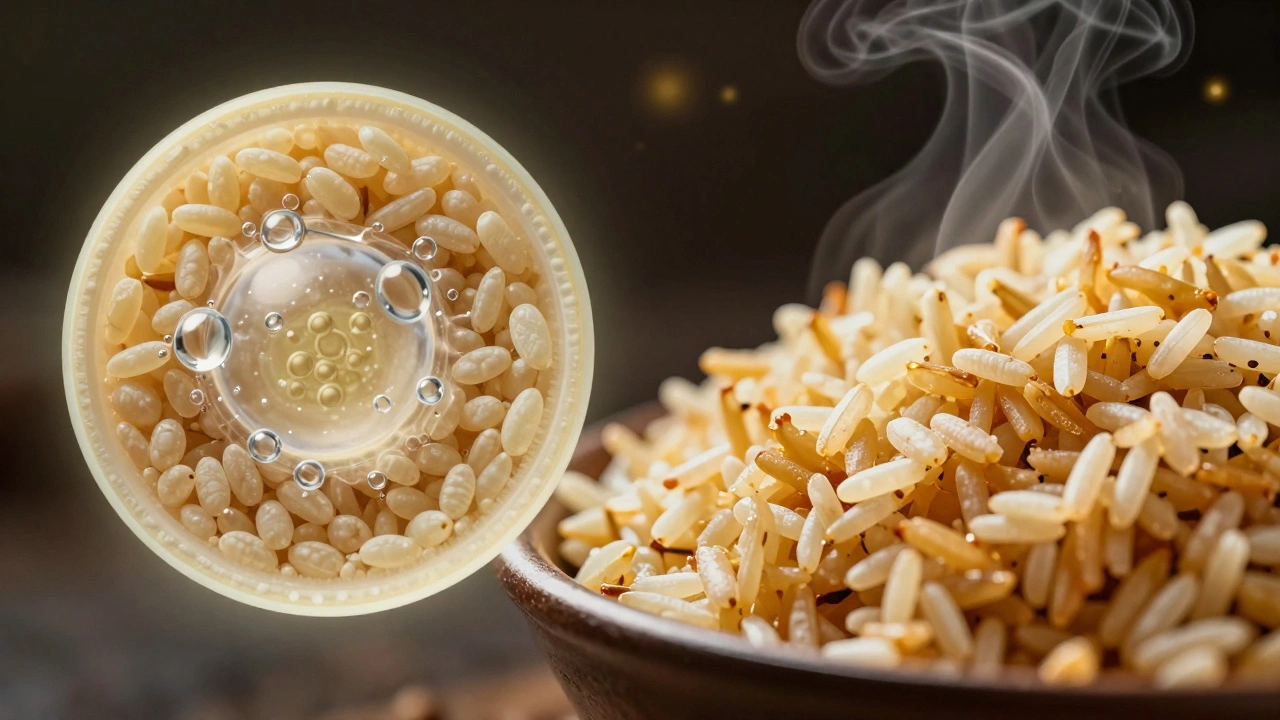 Microscopic view of water penetrating rice starch alongside perfect biryani grains