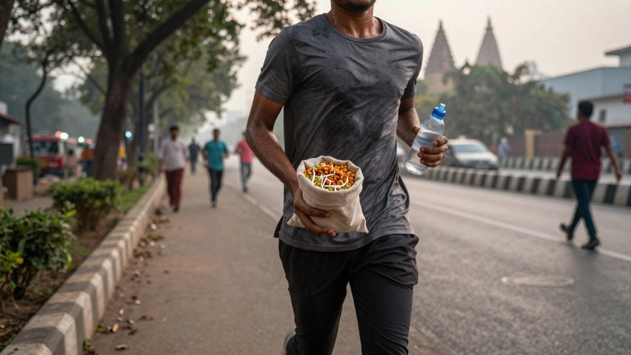 Person jogging at dawn in India, carrying a cloth bag of healthy snacks and a water bottle, city in background.