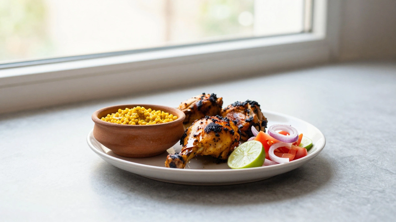 Simple Indian dinner with tandoori chicken, dal, and tomato-onion salad in natural light.