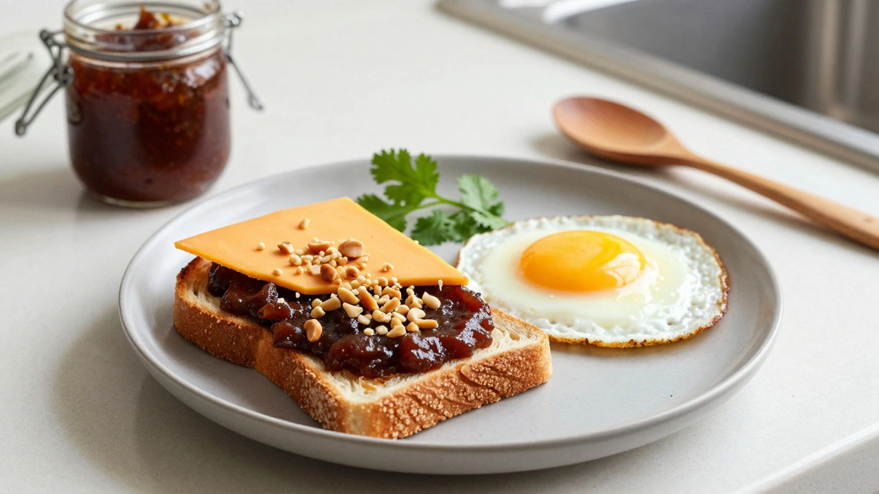 Sourdough toast with tamarind chutney, peanuts, and cheddar
