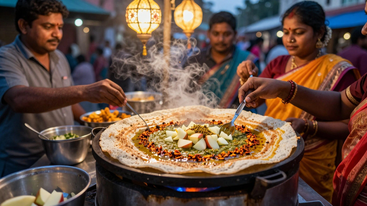 Street food vendor topping dosas with apple-based chutney at a bustling Indian night stall.