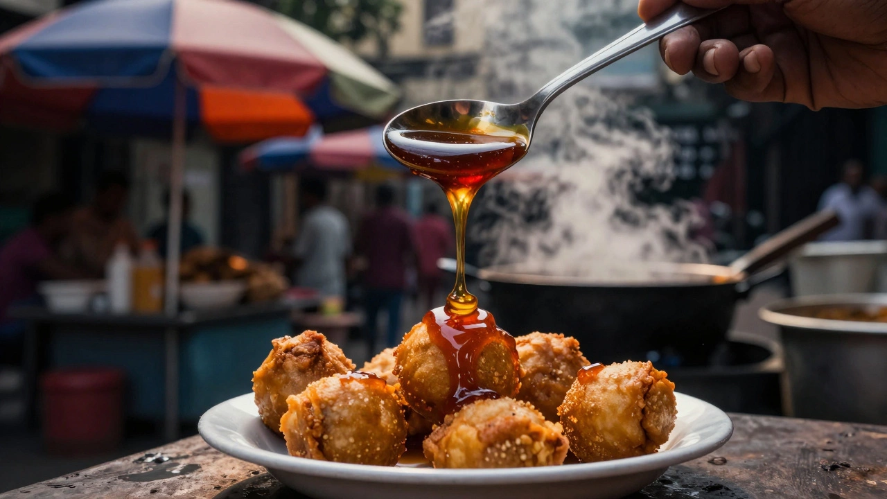 Tamarind chutney drizzling over crispy pakoras at a street stall.