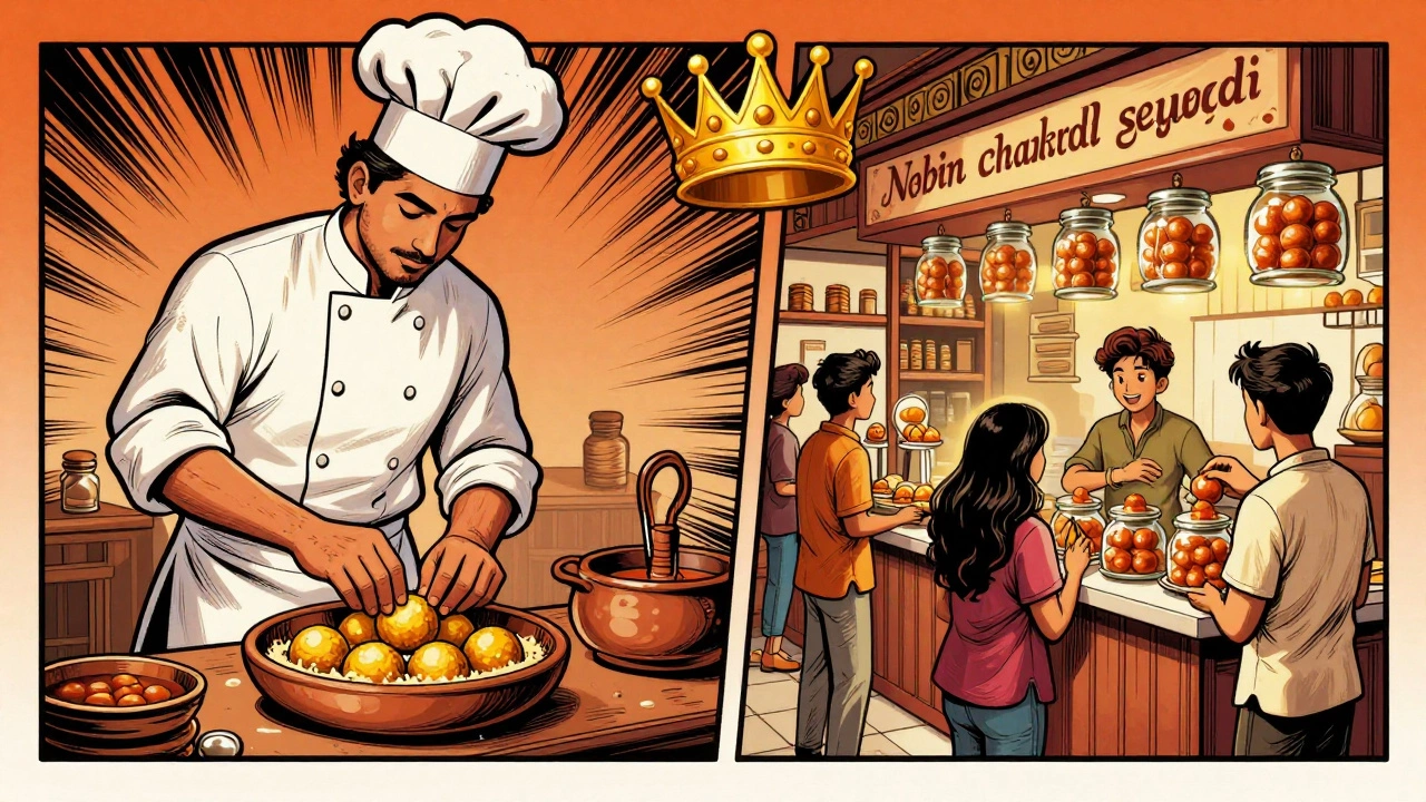 Comic-style split scene: 19th-century inventor and modern sweet shop, crowned by royal symbolism.