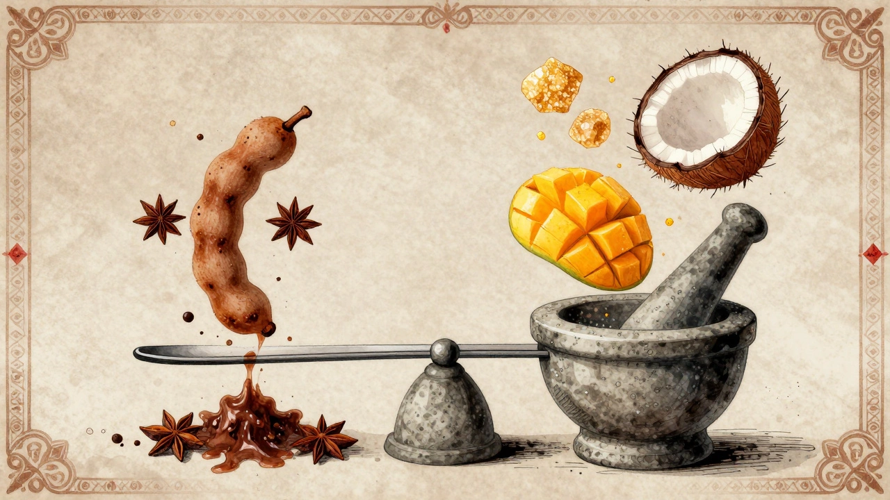 Flavor scale balancing bitter spices with sweet mango and coconut.