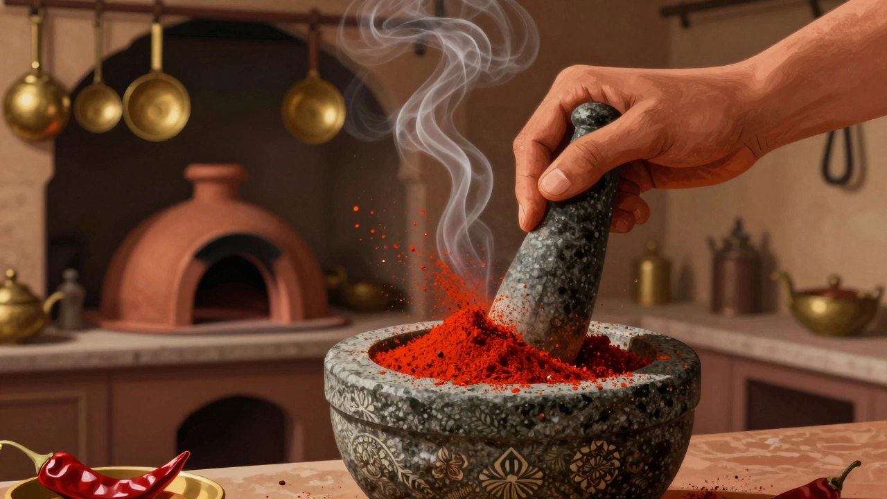 Hand grinding toasted spices in a mortar and pestle, with aromatic particles floating in golden light.