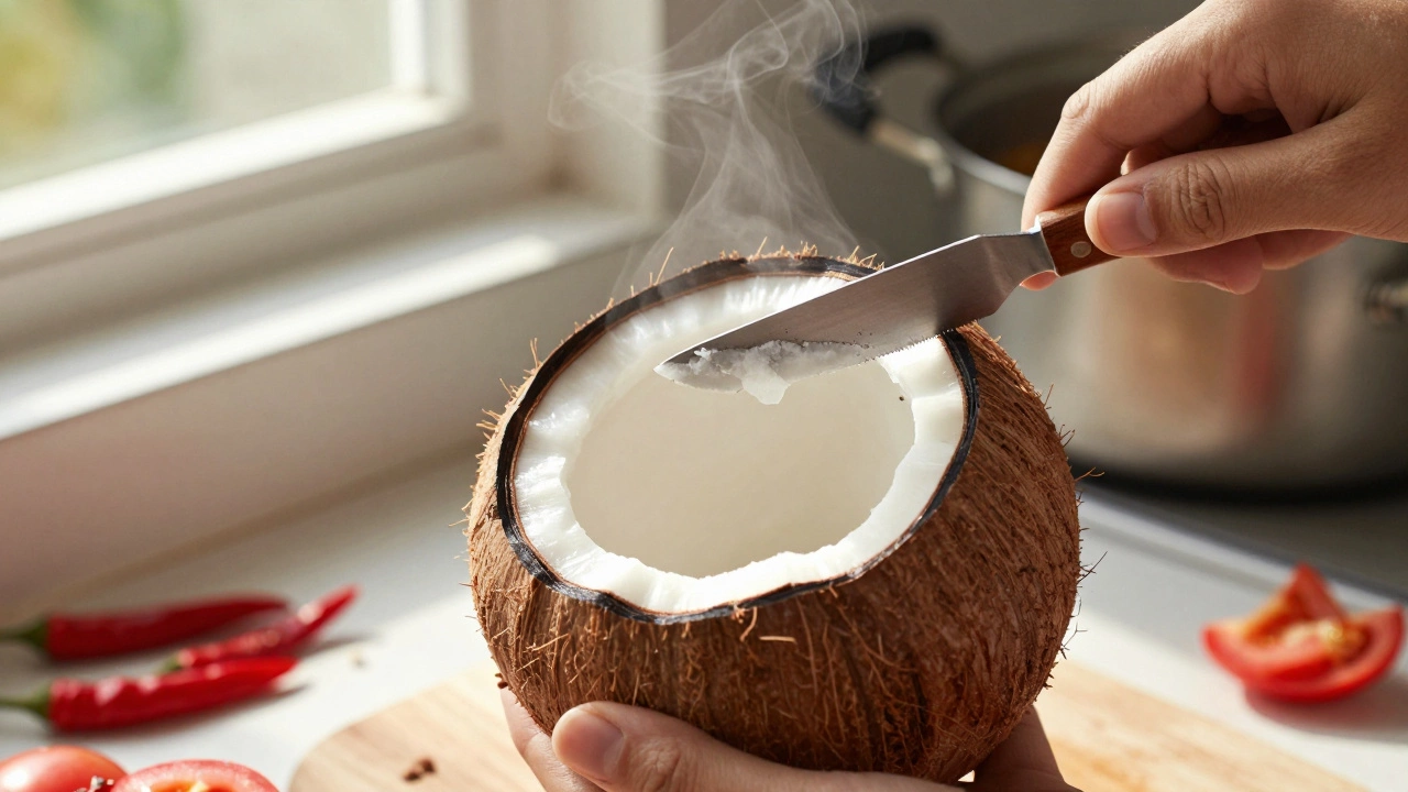 Hand peeling coconut skin to prevent chutney from turning bitter.