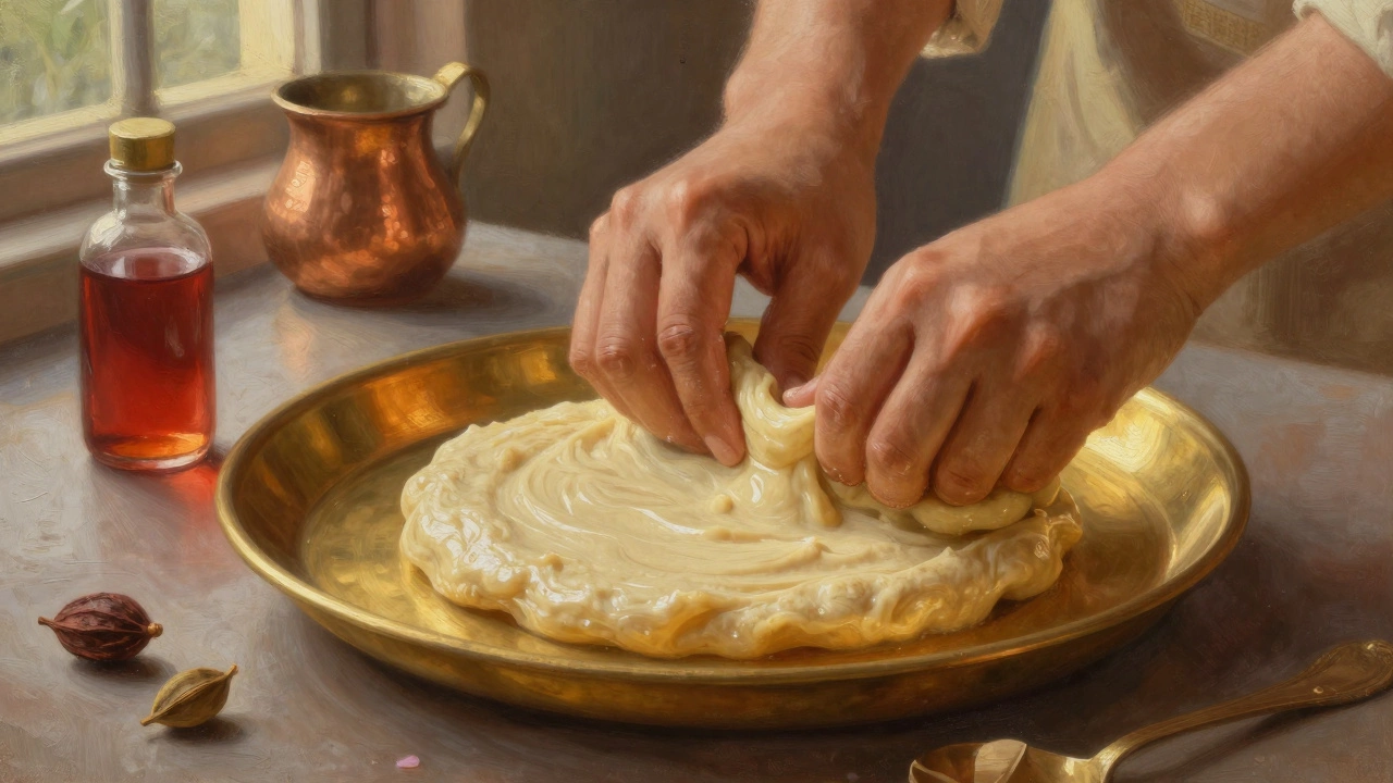 Hands kneading khoya dough for gulab jamun with cardamom and rosewater nearby.