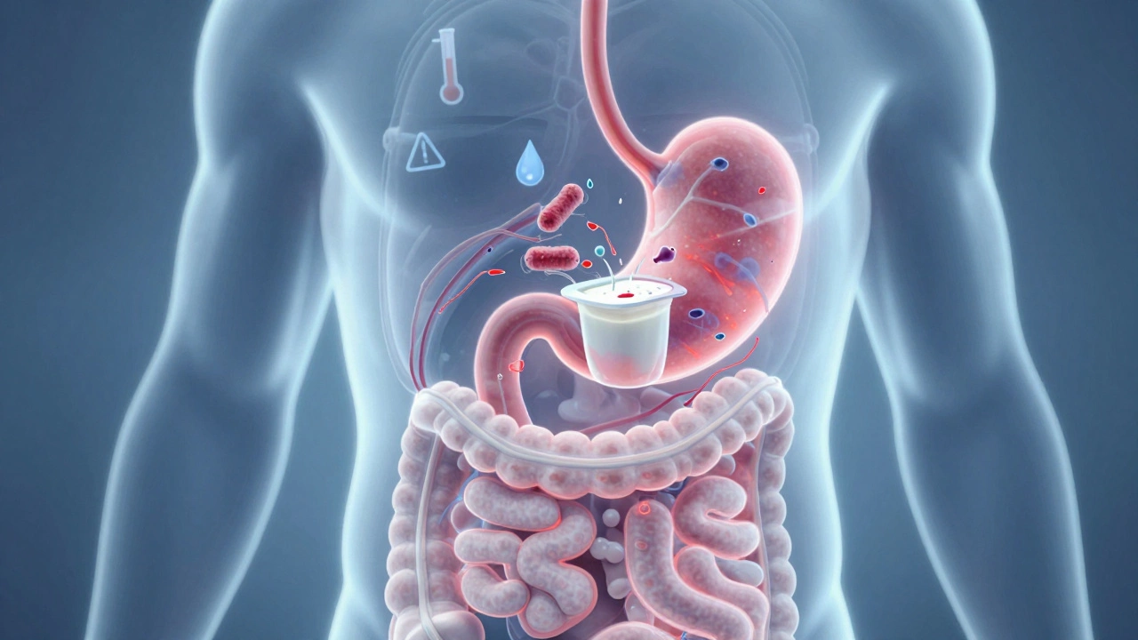 Human digestive system glowing with warning red streaks from contaminated yogurt.