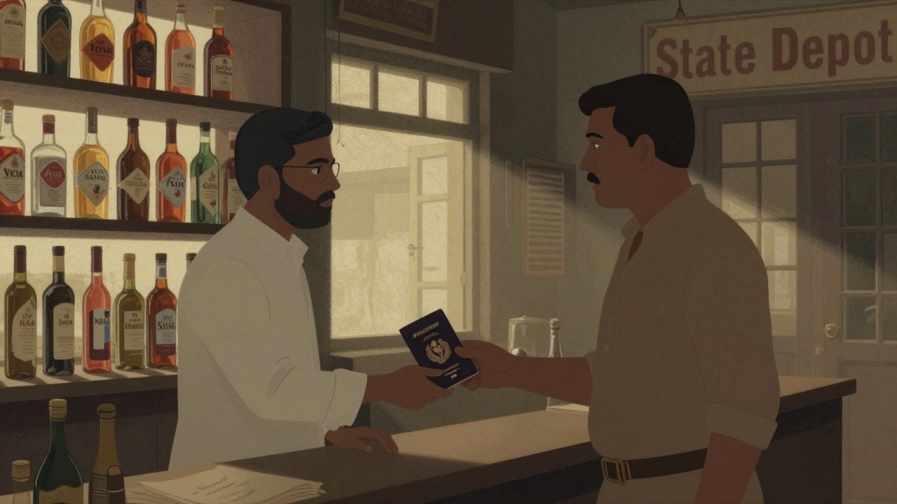 Passport presented at a government liquor store in Delhi with bottles on shelves.