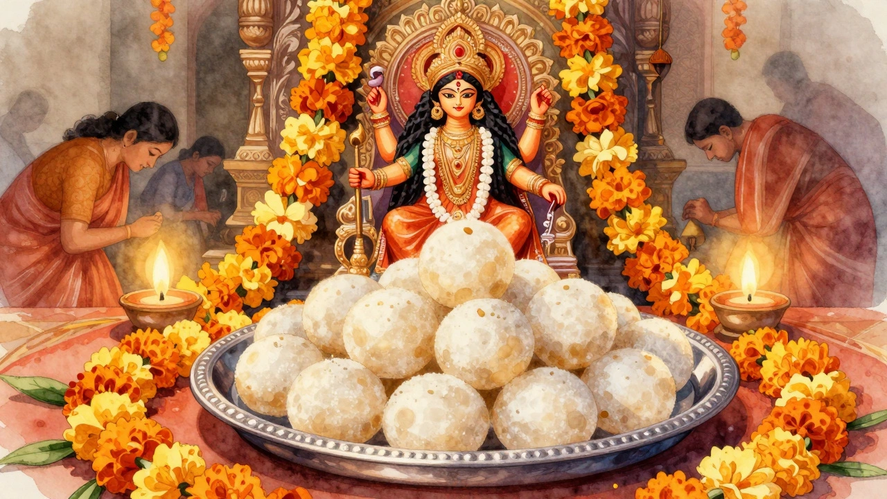 Rasgullas offered as prasad on a silver tray during Durga Puja, with candlelight and marigolds.