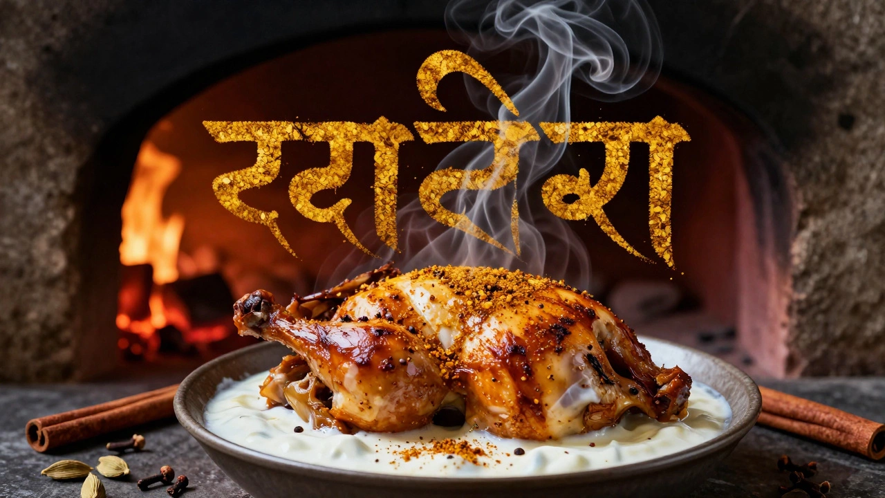 Roasted chicken with garam masala aroma forming intricate spice-shaped smoke patterns against a tandoor oven.