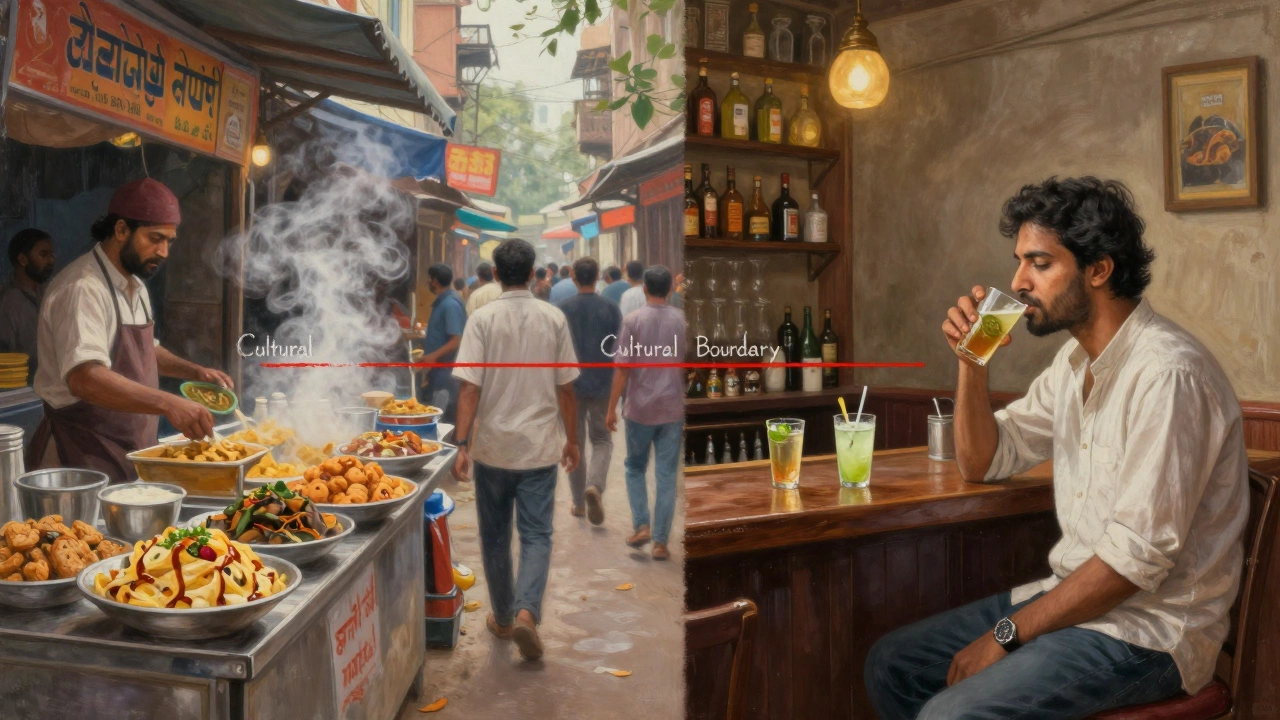 Split scene: street food on one side, hotel bar on the other, cultural boundary between.