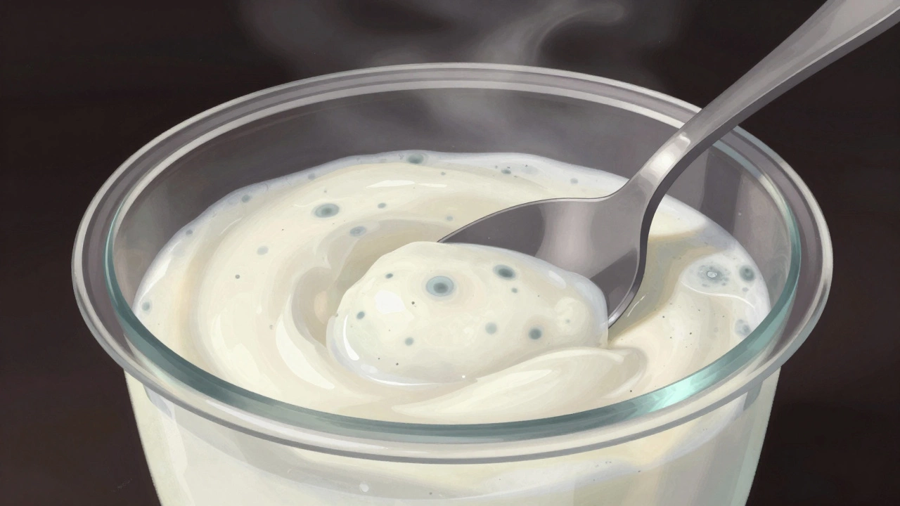 Spoiled yogurt with visible white mold and separated liquid in a clear container.