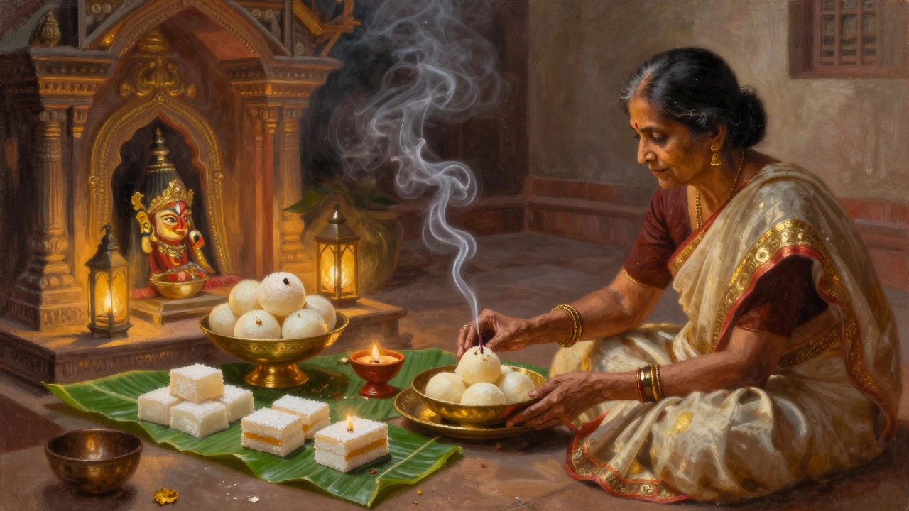 Traditional Indian sweets offered on banana leaves in a temple during Diwali.