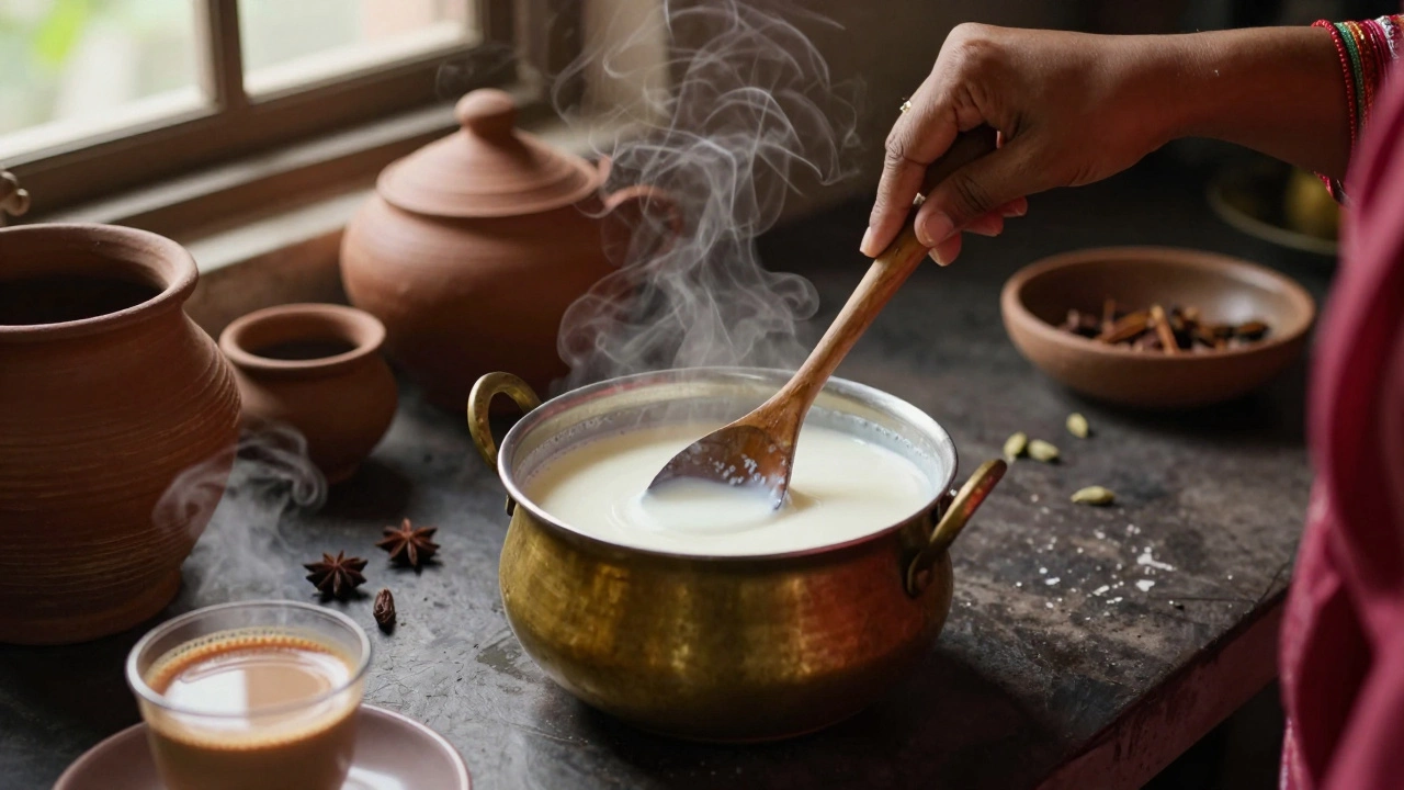 Woman boiling whole milk in a brass pot as cream rises to the top in a traditional kitchen.