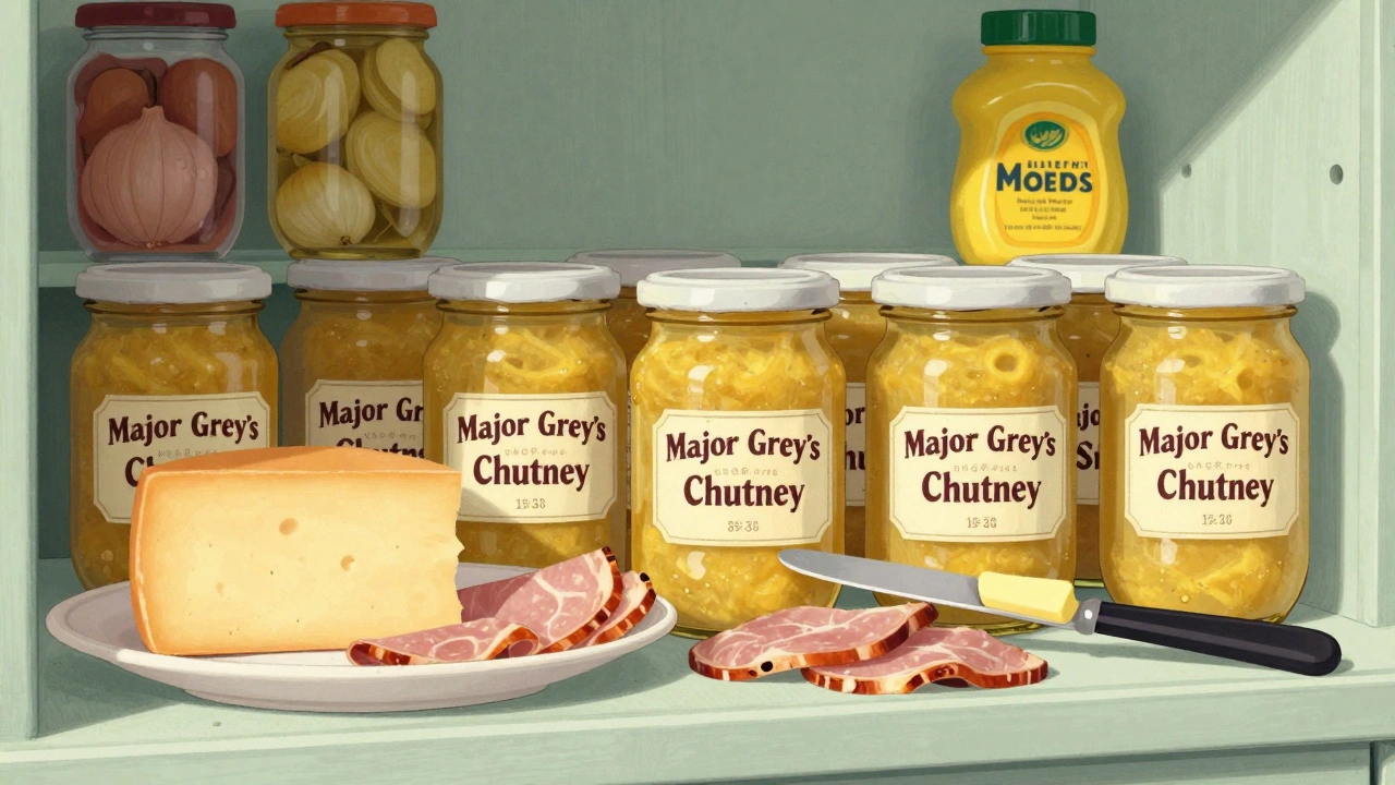 A 1950s British pantry with jars of smooth Major Grey’s Chutney beside cheese and cold cuts on a wooden board.