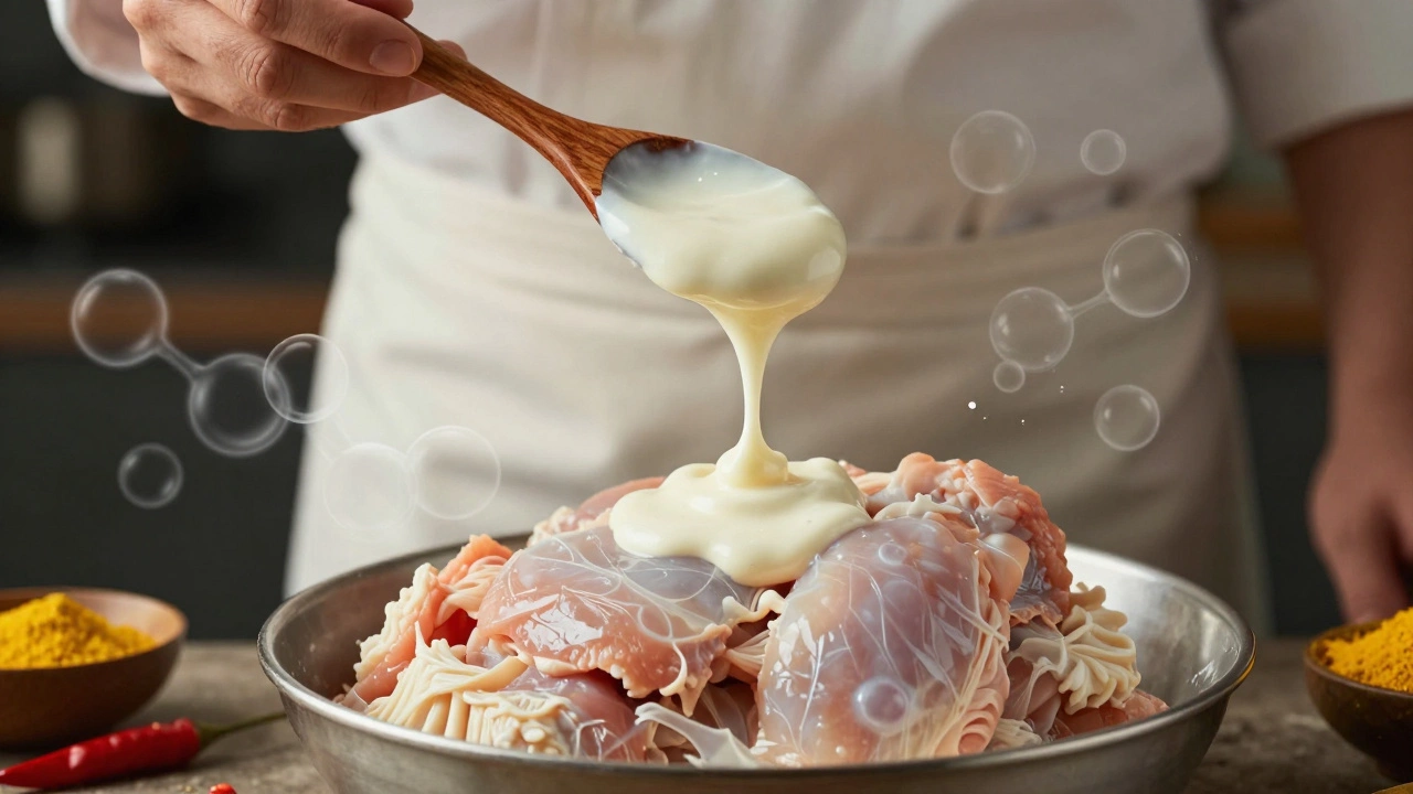 A chef's hand dipping a spoon into sour cream marinade as it drips over chicken, showing tenderizing action.