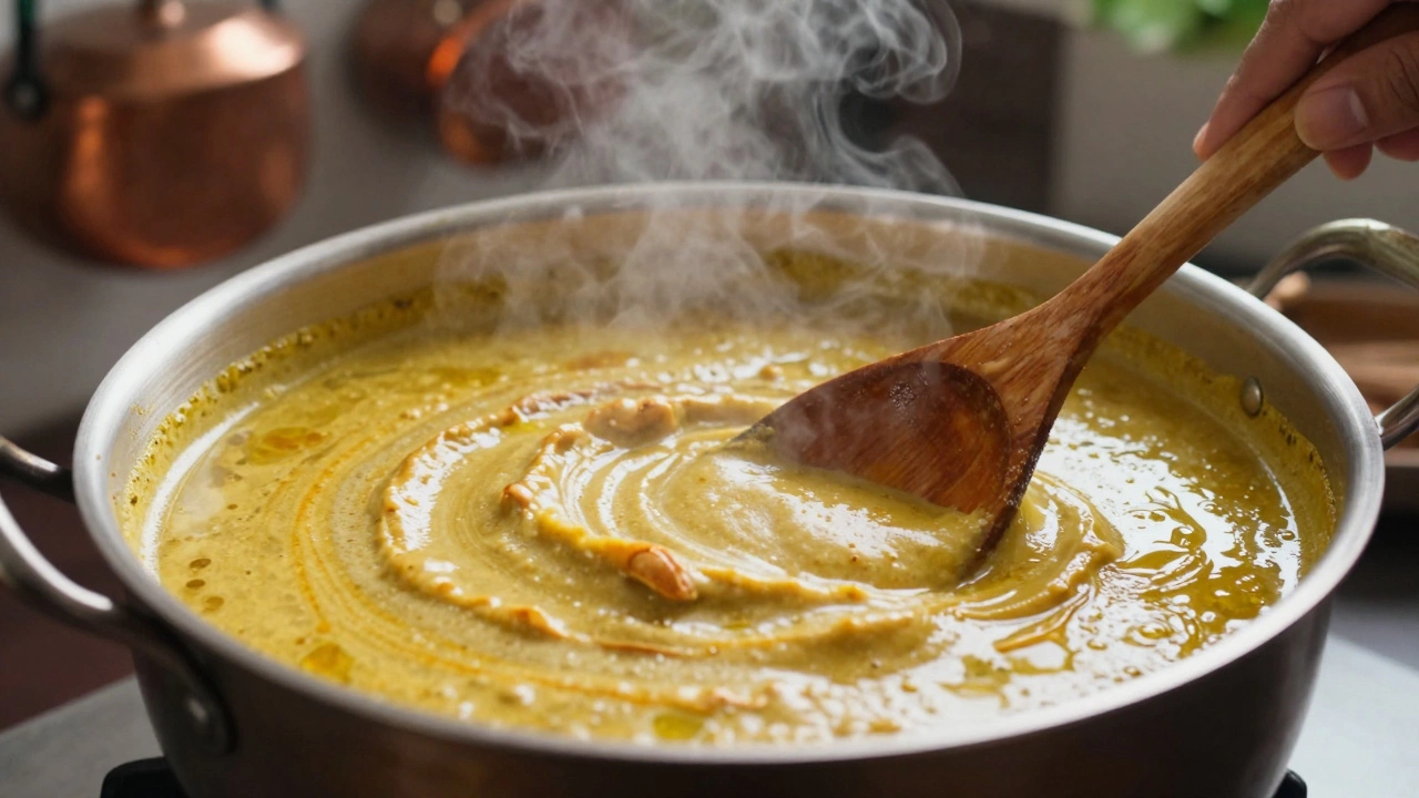 A reduced curry sauce with oil on top, a spoon leaving a clear path as it clings thickly to the pot.