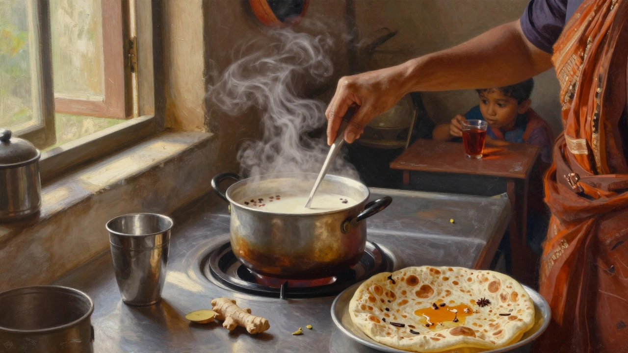 A woman making tea with milk and spices in a cozy Indian kitchen, sunlight streaming in.
